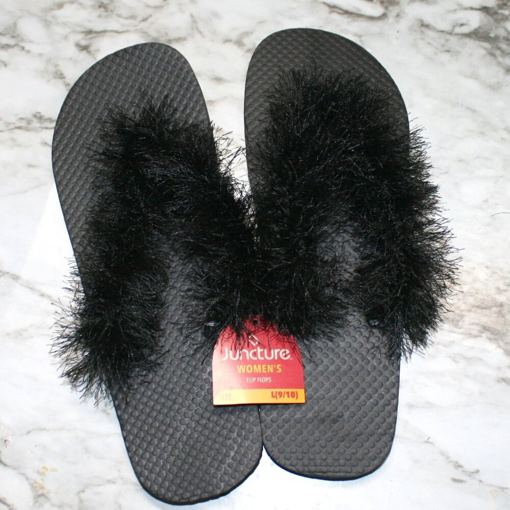 HAND CRAFTED Flip Flop Padded Thong Crochet Faux Fur Eyelash Yarn Black Shoes